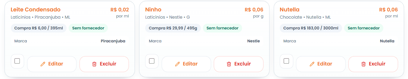 Ingredientes com custo por medida