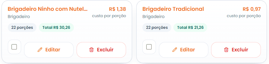 Receitas com custo por porcao